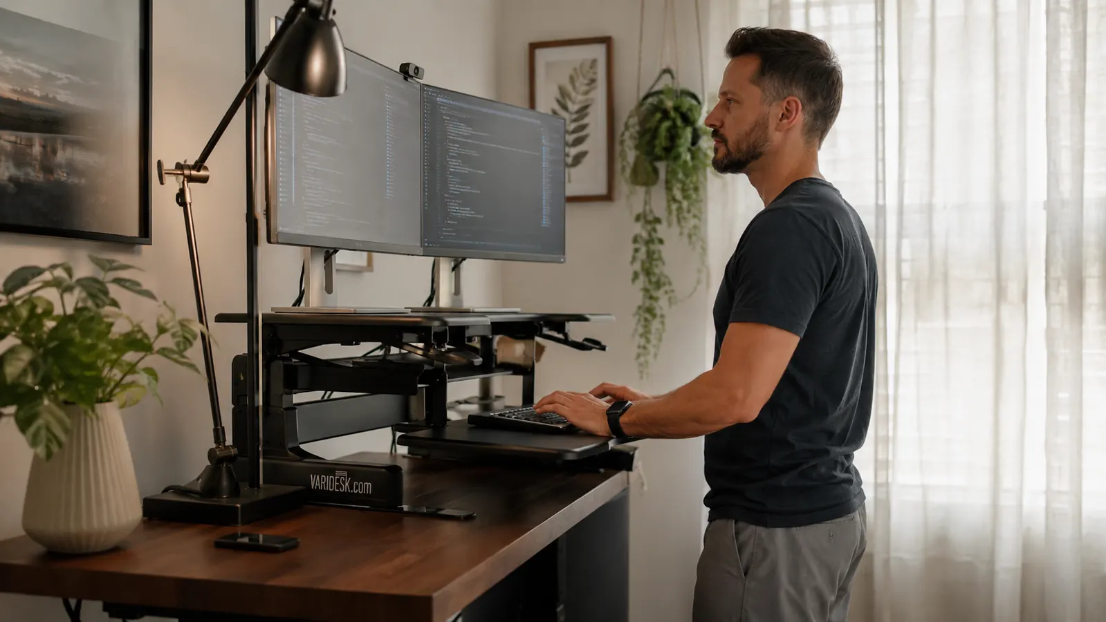 Remote worker standing at a home office desk converter with coffee mug nearby, relaxed posture