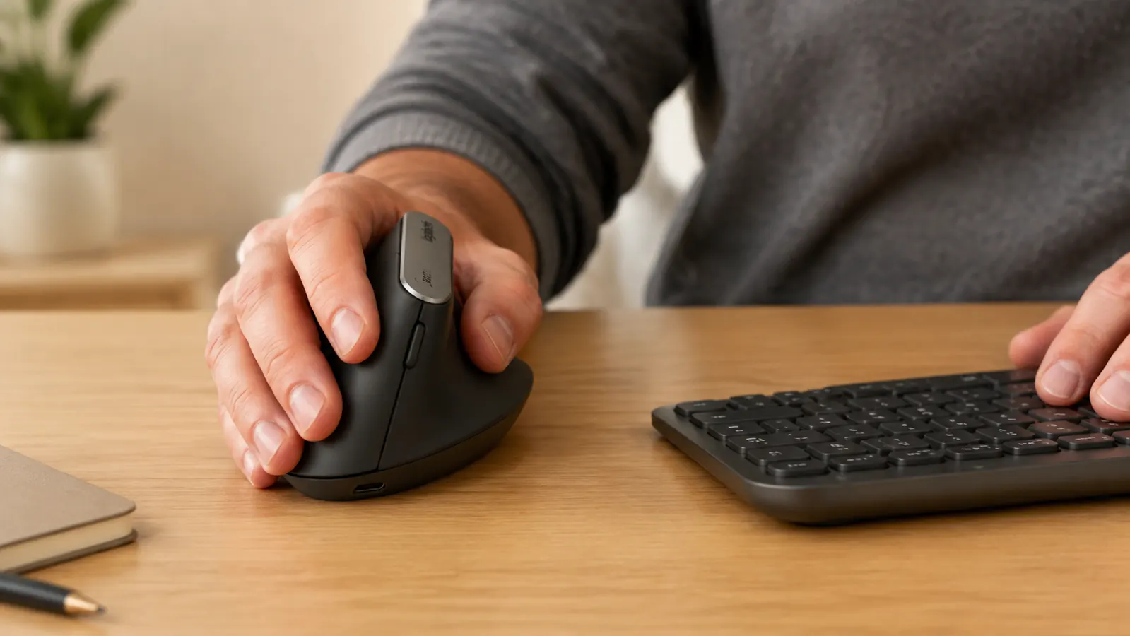 Close-up of a hand gripping the Logitech MX Vertical mouse showing the natural handshake angle