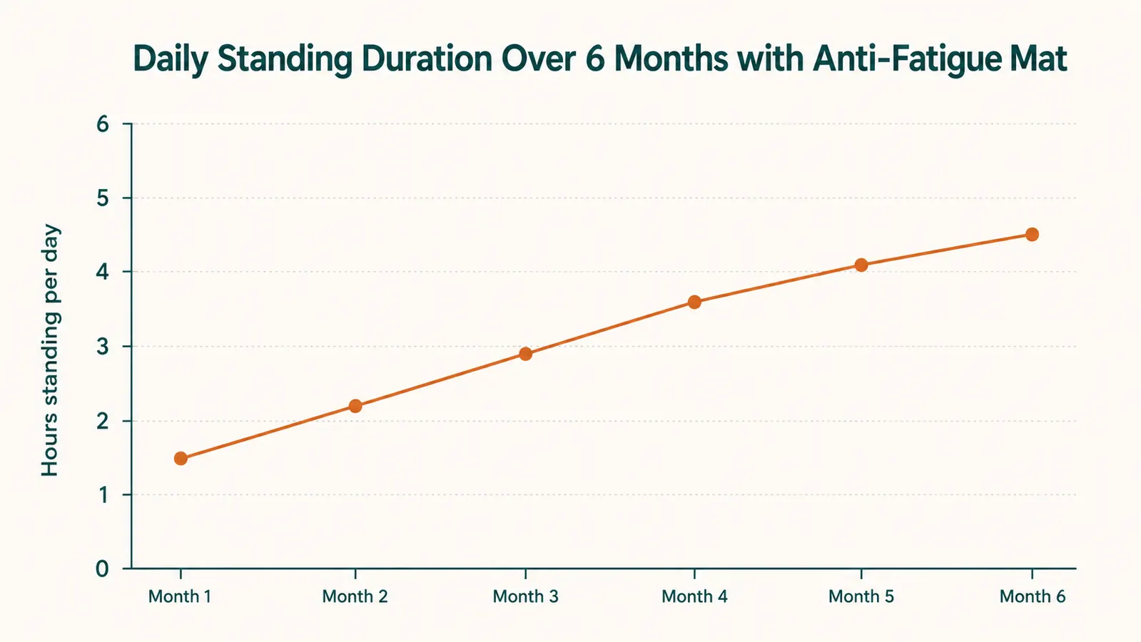 Chart showing self-reported foot fatigue score across twelve months of daily standing mat use