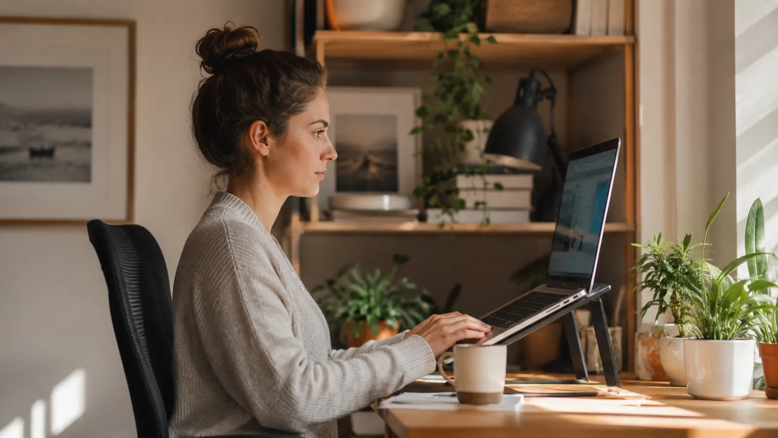 Person doing a seated neck stretch at a home office desk, chin tucked toward chest, relaxed posture