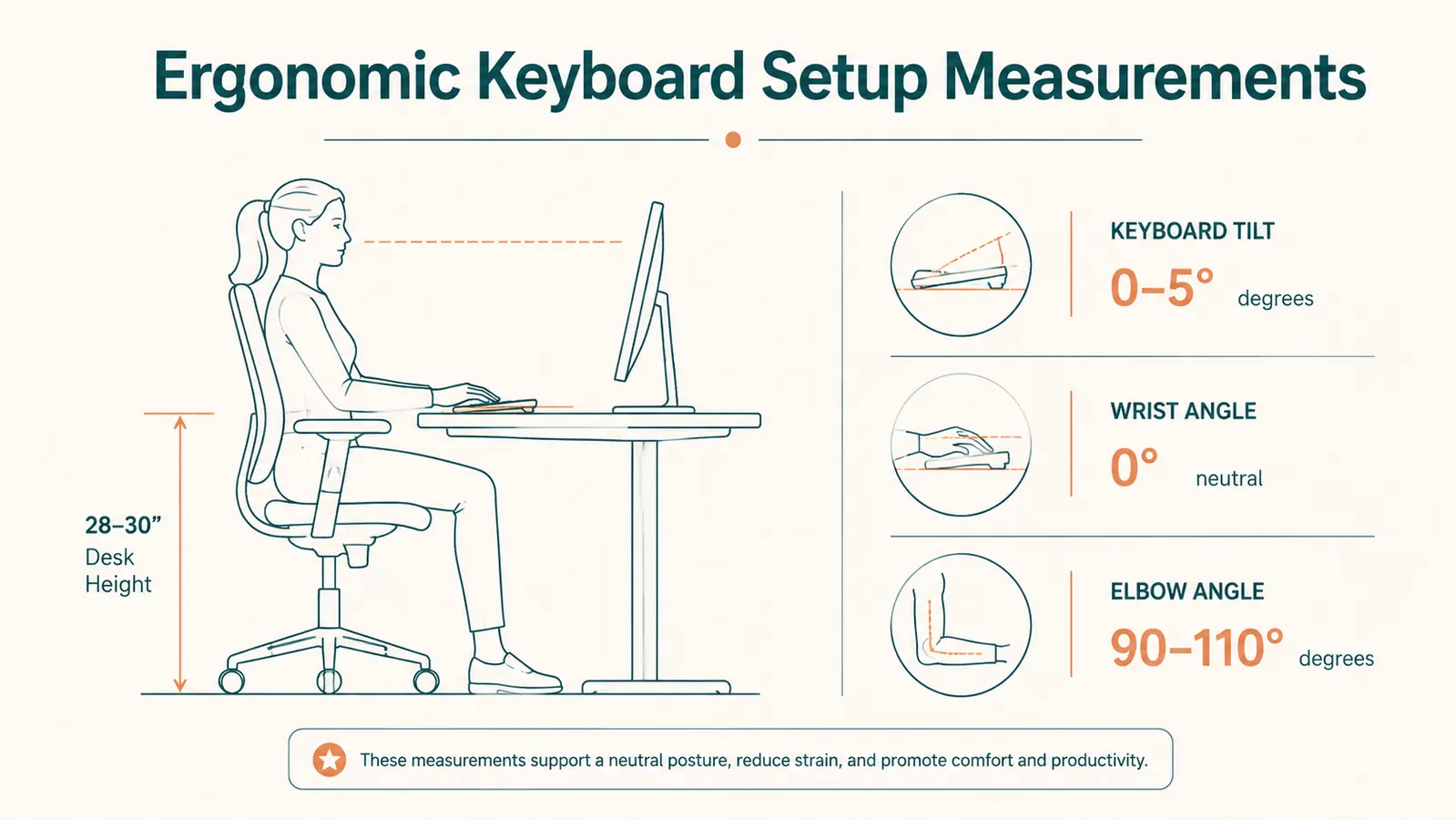 Diagram showing correct desk and keyboard height relative to elbow angle for ergonomic typing