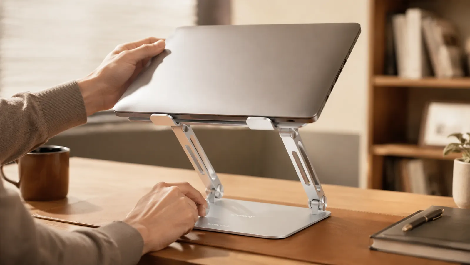 Close-up of a 16-inch laptop seated on a Lamicall stand at maximum height showing slight forward lean at the base