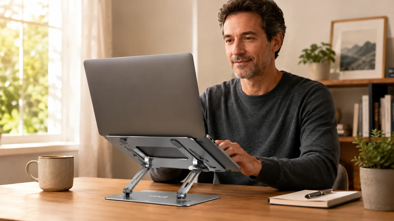 Hand adjusting the hinge angle on a silver Lamicall laptop stand with a laptop seated in it