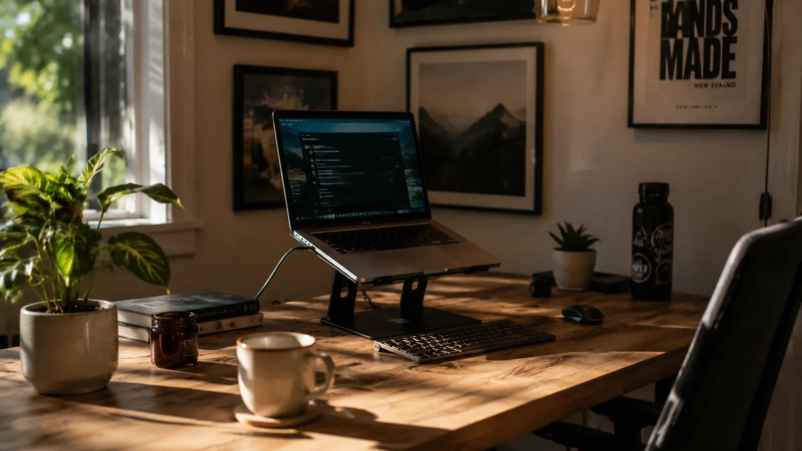 Remote worker at a desk with a laptop on a stand, external keyboard in front, relaxed upright posture