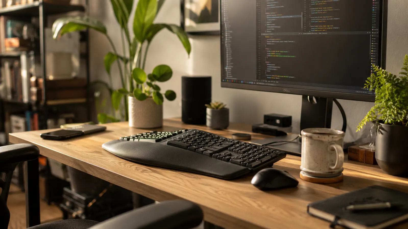 Full home office desk setup featuring the K860 keyboard alongside a vertical mouse and laptop stand