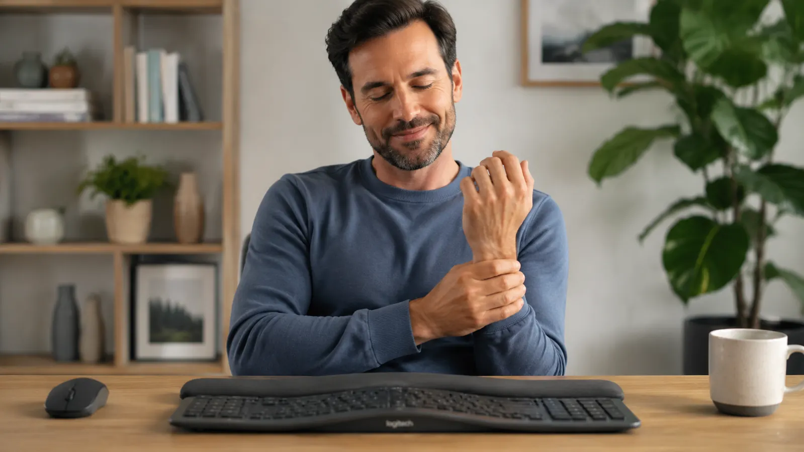 Close-up of hands positioned on the Logitech K860 split keyboard showing the natural wrist angle and cushioned palm rest