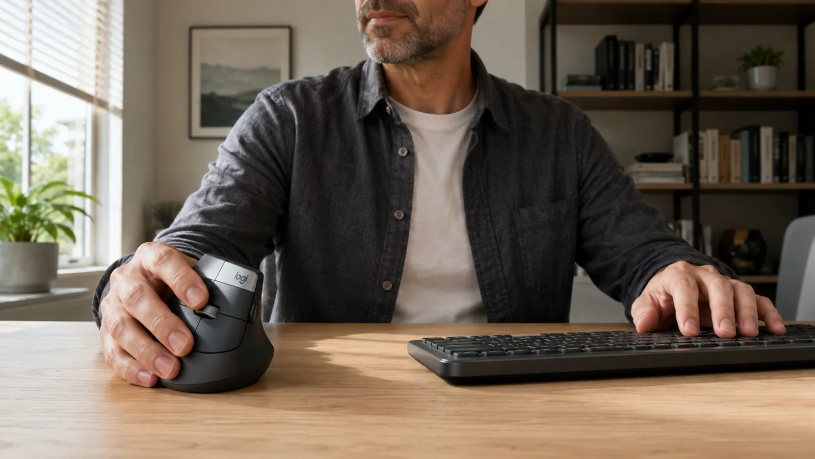 Close-up of a hand gripping the Logitech MX Vertical showing the thumb rest and button layout from above