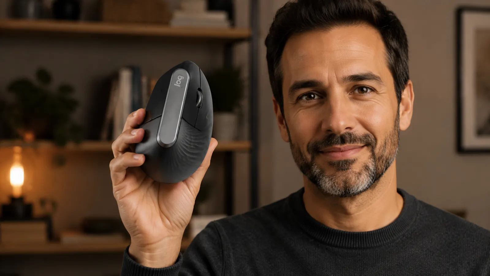 Close-up of a hand gripping the Logitech MX Vertical mouse in a handshake position showing the 57-degree tilt and thumb buttons