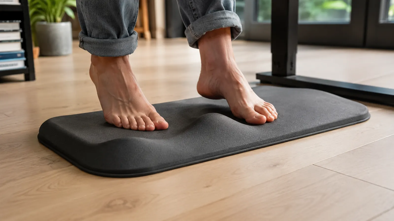 Flat generic foam anti-fatigue mat beside a contoured Topo mat showing the design difference